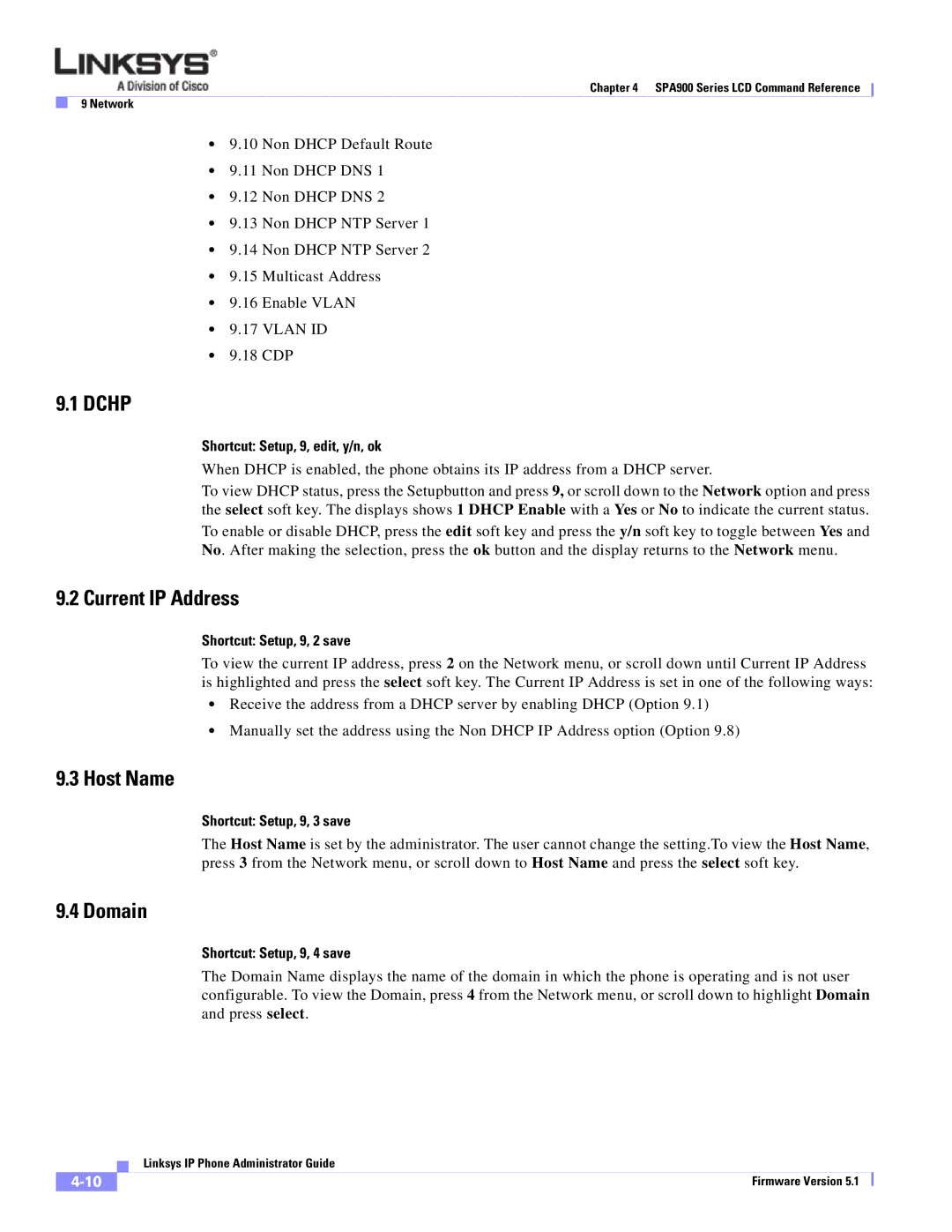 Linksys SPA 900 manual Dchp, Current IP Address, Host Name, Domain 