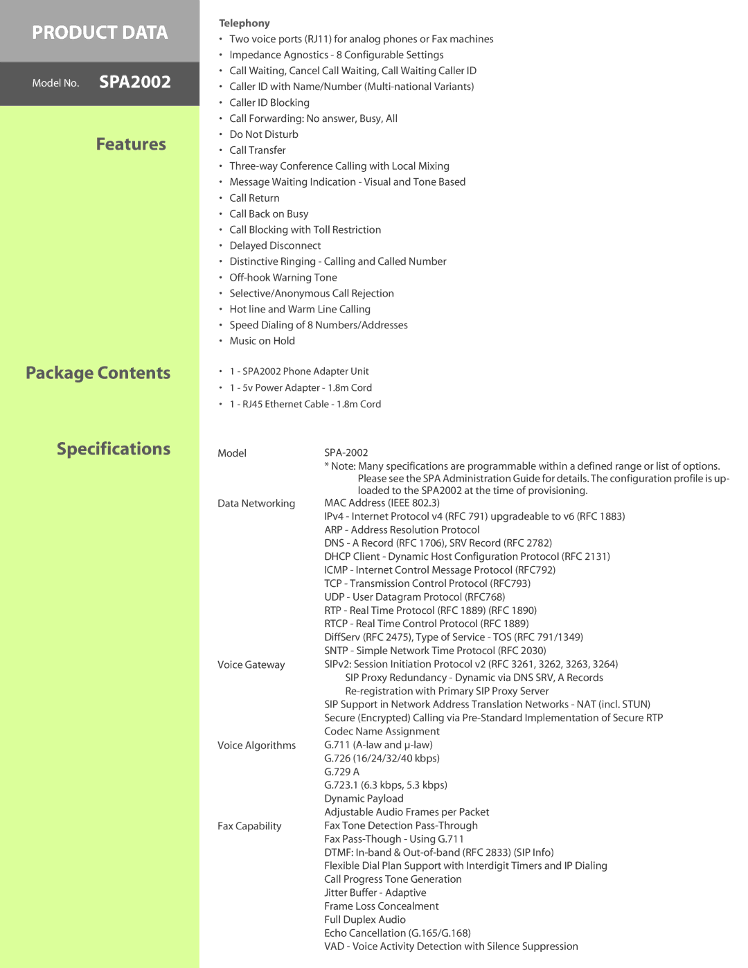 Linksys SPA2002 manual Features Package Contents, Specifications 