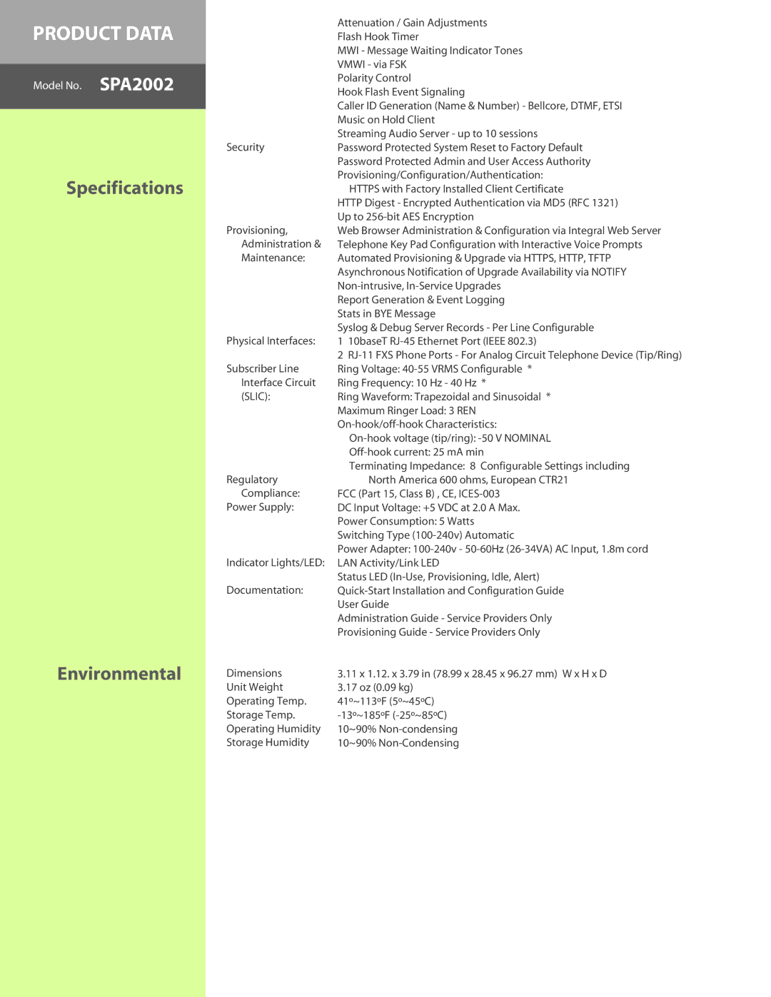 Linksys SPA2002 manual Specifications Environmental, Slic 