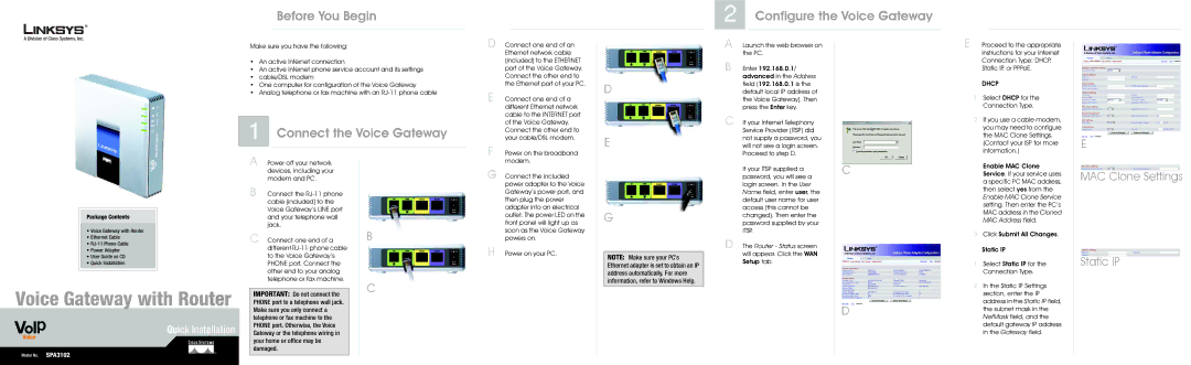 Linksys SPA3102 manual Before You Begin, Connect the Voice Gateway, Configure the Voice Gateway, Package Contents 