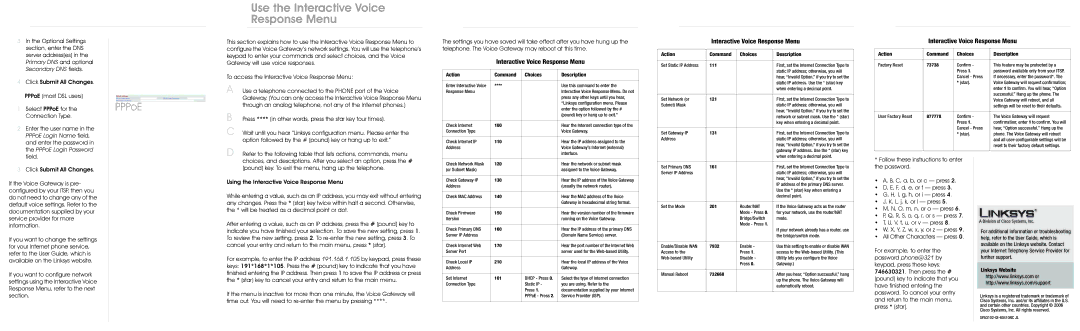 Linksys SPA3102 manual Use the Interactive Voice Response Menu, Action Command Choices Description 