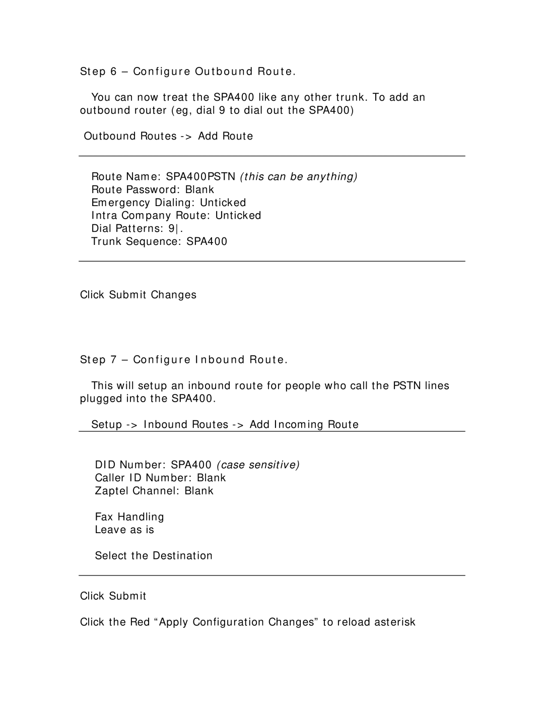 Linksys SPA400 manual Configure Outbound Route, Configure Inbound Route 