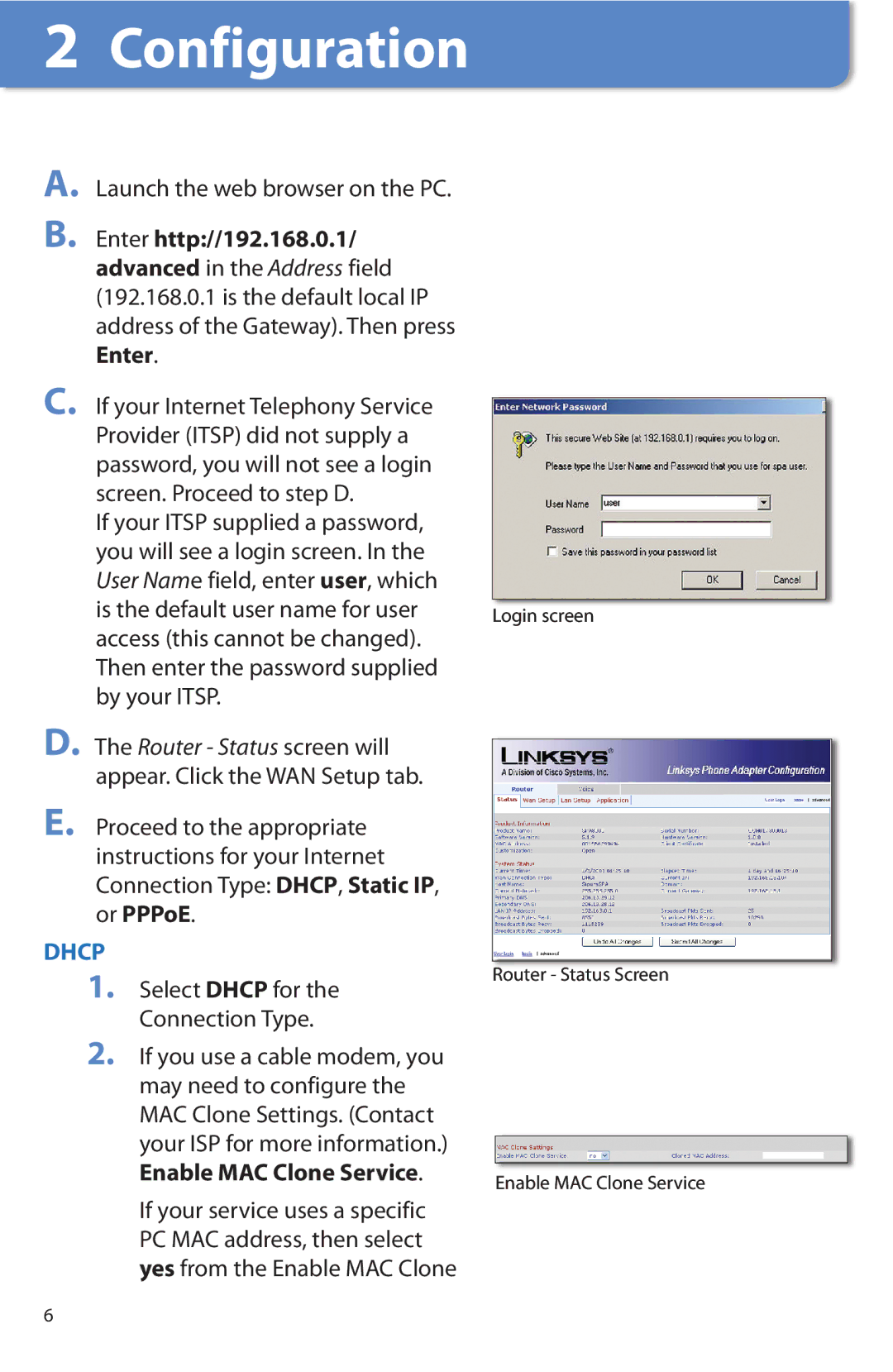 Linksys SPA8000 manual Configuration, Dhcp 