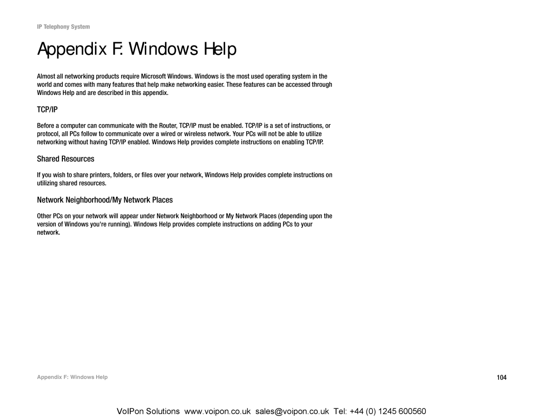 Linksys SPA9000 manual Appendix F Windows Help, Shared Resources, Network Neighborhood/My Network Places 