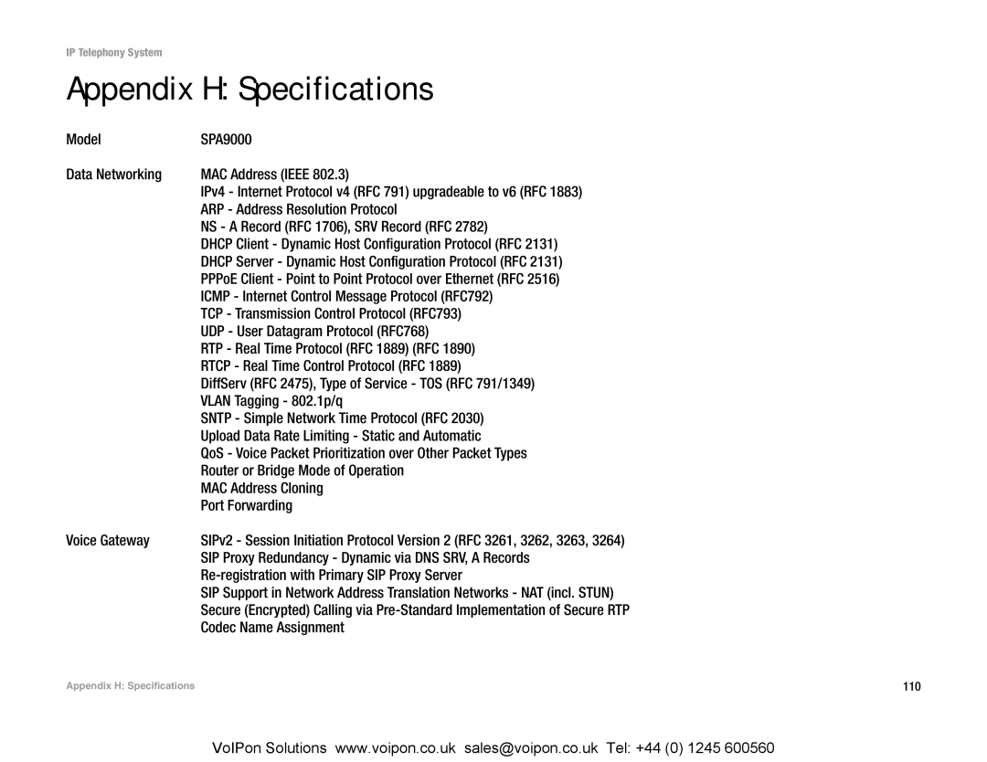 Linksys SPA9000 manual Appendix H Specifications 