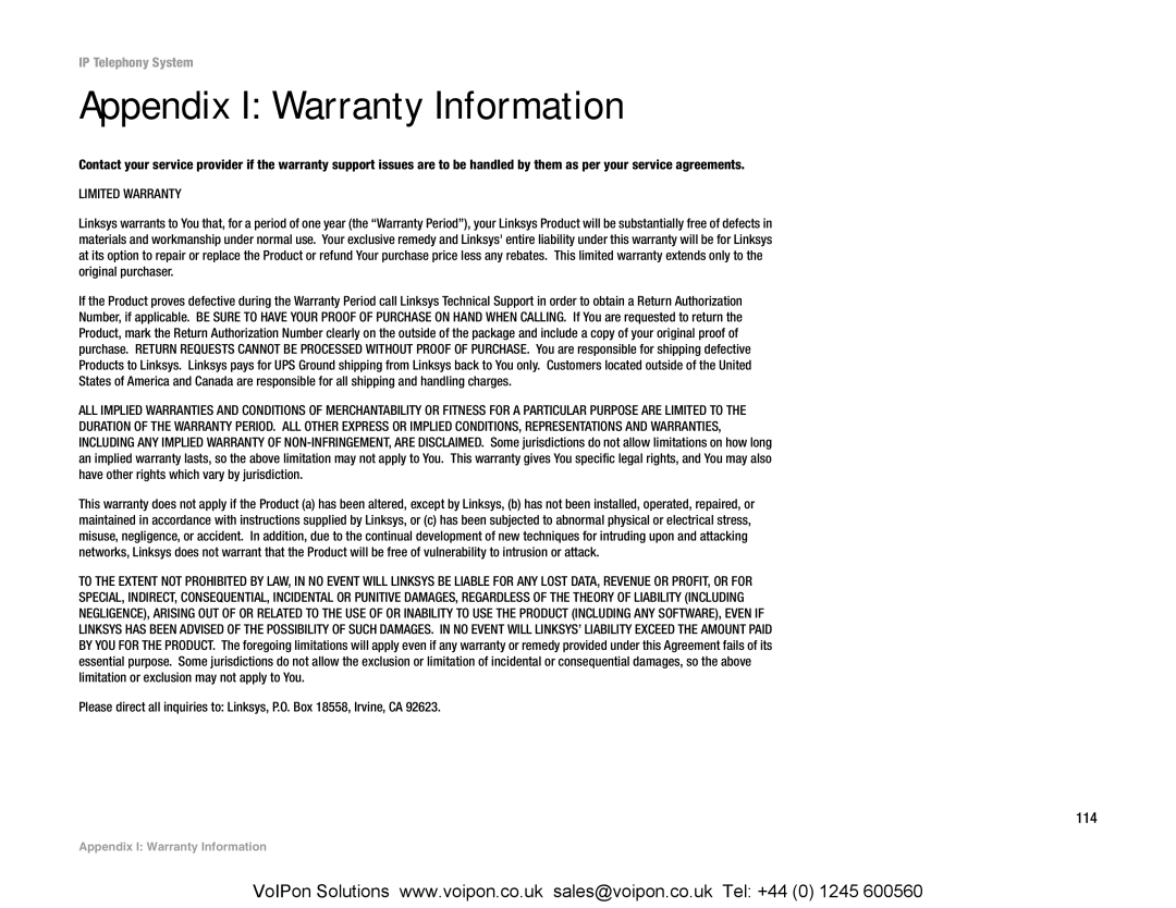 Linksys SPA9000 manual Appendix I Warranty Information, Limited Warranty 