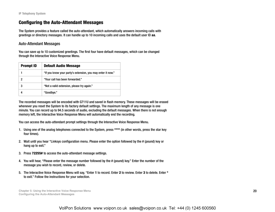 Linksys SPA9000 manual Configuring the Auto-Attendant Messages, Prompt ID Default Audio Message 