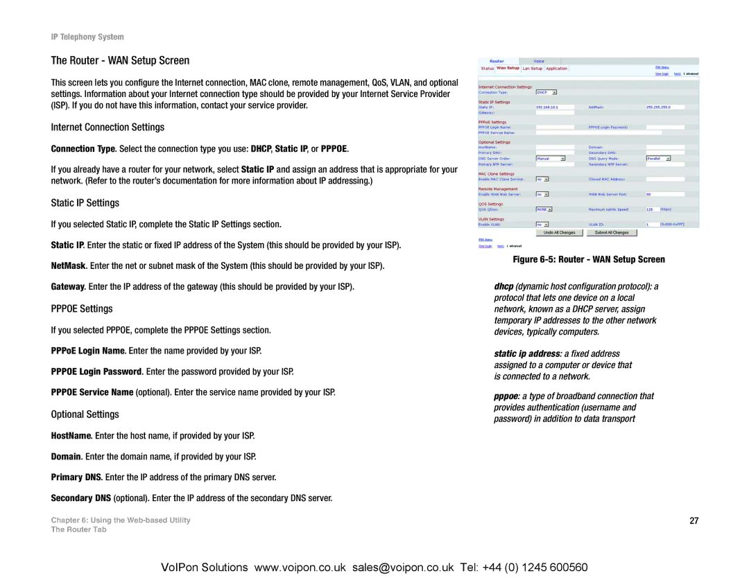 Linksys SPA9000 manual Router WAN Setup Screen, Internet Connection Settings, Static IP Settings, Pppoe Settings 