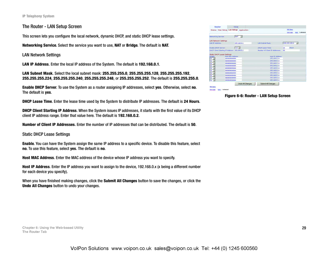 Linksys SPA9000 manual Router LAN Setup Screen, LAN Network Settings, Static Dhcp Lease Settings 