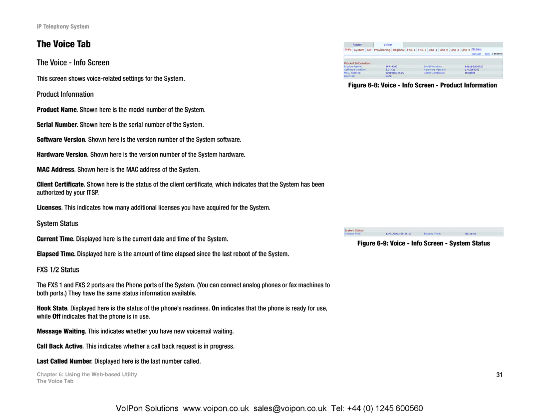 Linksys SPA9000 manual Voice Tab, Voice Info Screen, FXS 1/2 Status 