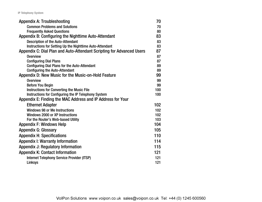 Linksys SPA9000 Appendix a Troubleshooting, Appendix B Configuring the Nighttime Auto-Attendant, Ethernet Adapter 102 