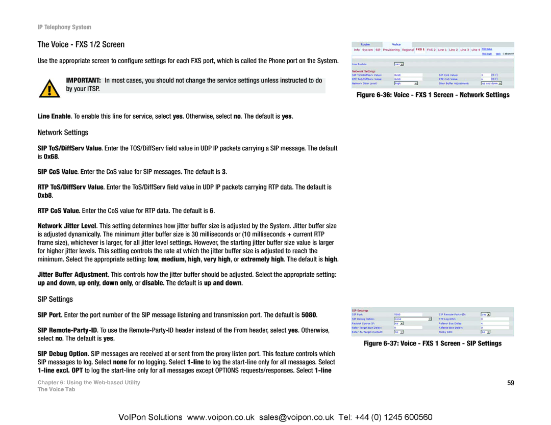 Linksys SPA9000 manual Voice FXS 1/2 Screen, Network Settings, SIP Settings 