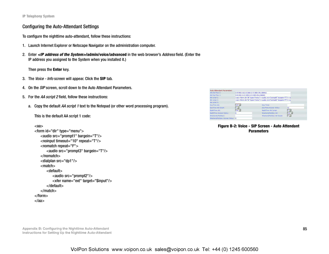 Linksys SPA9000 manual Configuring the Auto-Attendant Settings, Figure B-2 Voice SIP Screen Auto Attendant 