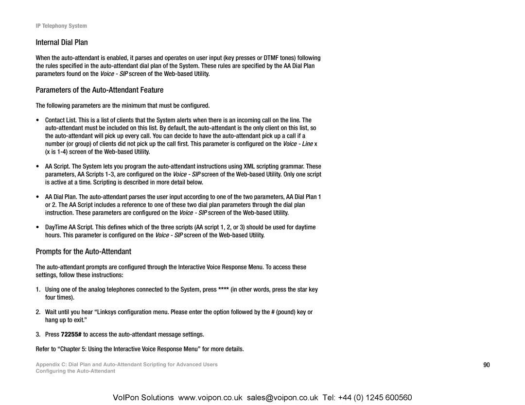Linksys SPA9000 manual Internal Dial Plan, Parameters of the Auto-Attendant Feature, Prompts for the Auto-Attendant 