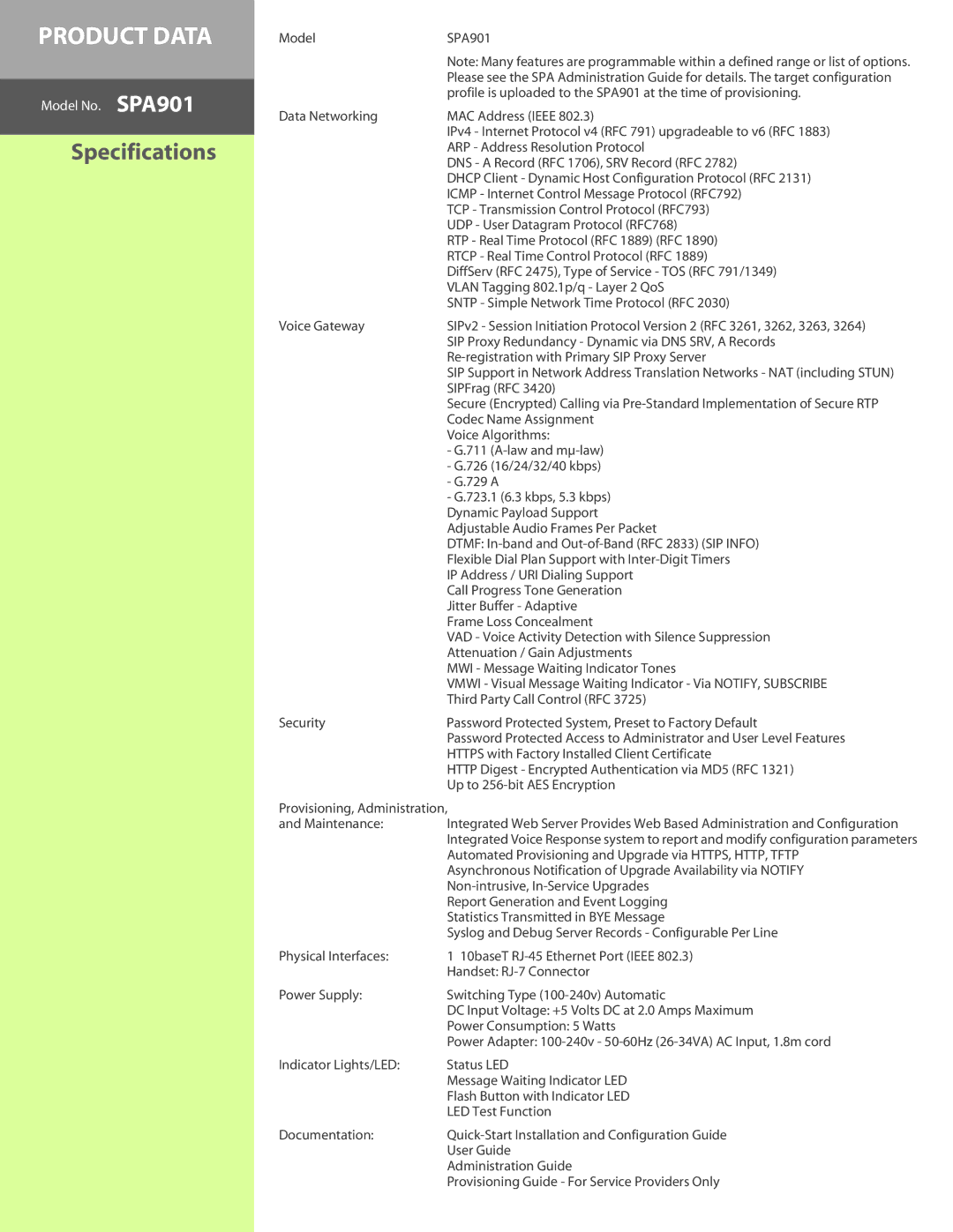 Linksys SPA901 manual Specifications 