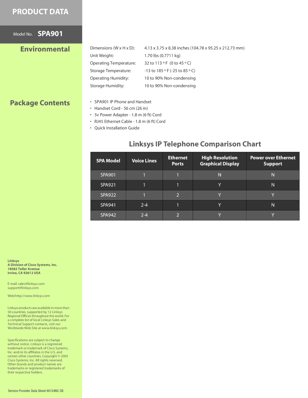 Linksys SPA901 manual Environmental Package Contents, Linksys IP Telephone Comparison Chart 