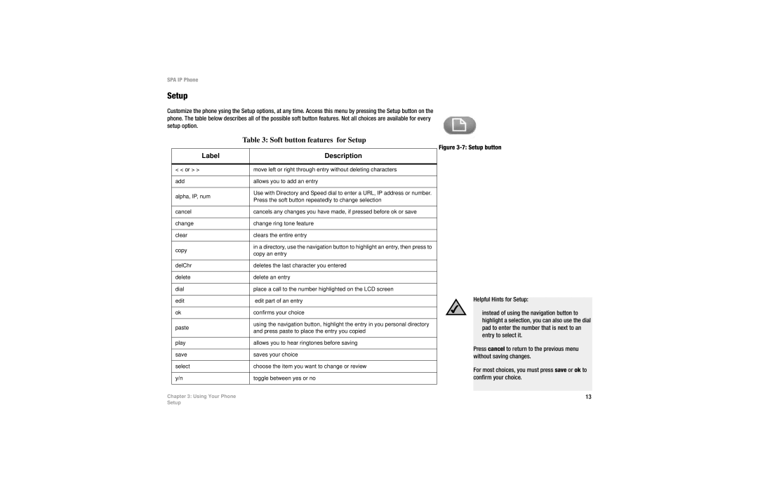 Linksys SPA922, SPA941, SPA942, SPA921, SPA 922 manual Soft button features for Setup 