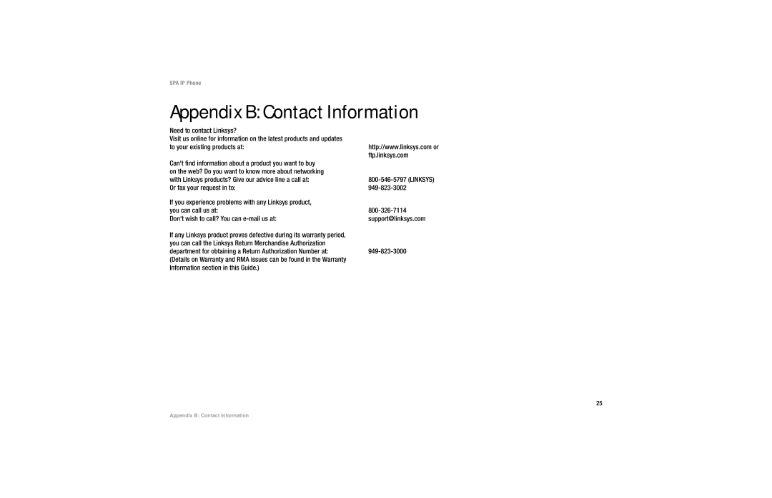 Linksys SPA 922, SPA941, SPA942, SPA922, SPA921 manual Appendix B Contact Information 