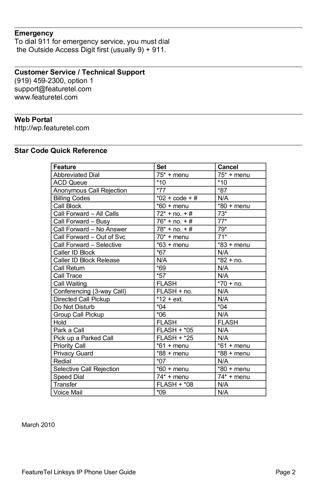 Linksys SPA941/SPA942 manual Emergency, Web Portal, Star Code Quick Reference 