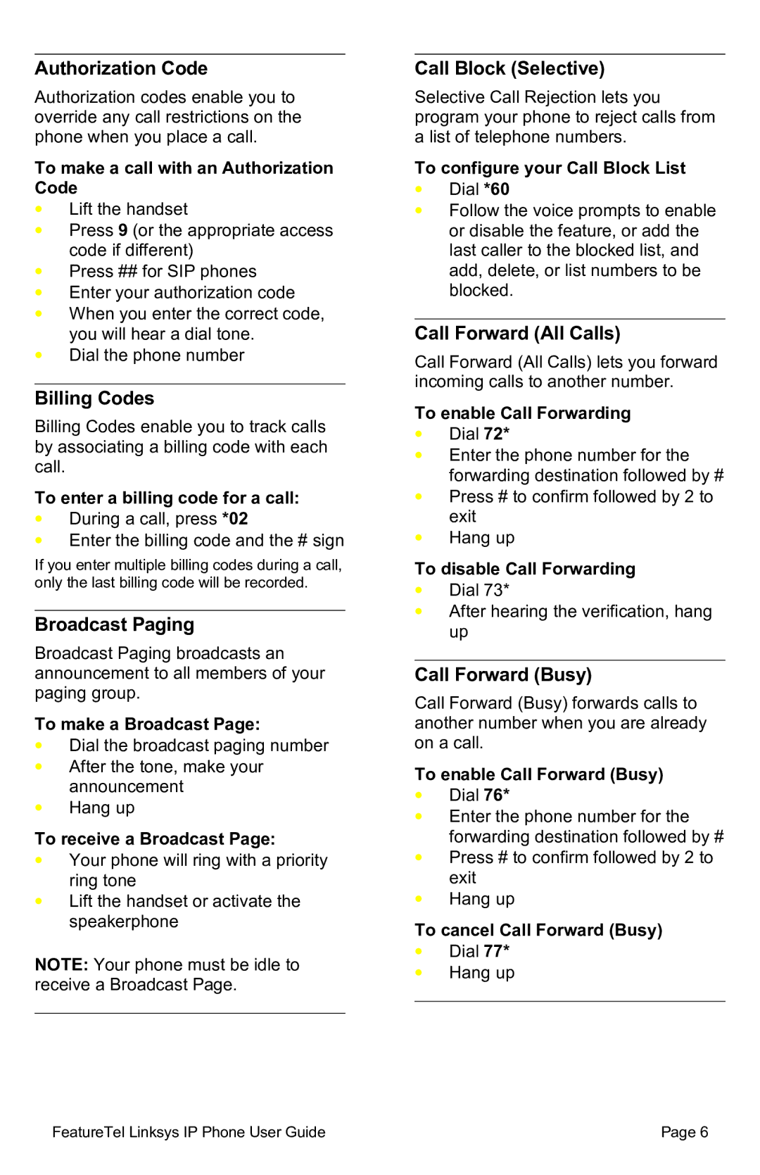 Linksys SPA941/SPA942 Authorization Code, Billing Codes, Broadcast Paging, Call Block Selective, Call Forward All Calls 