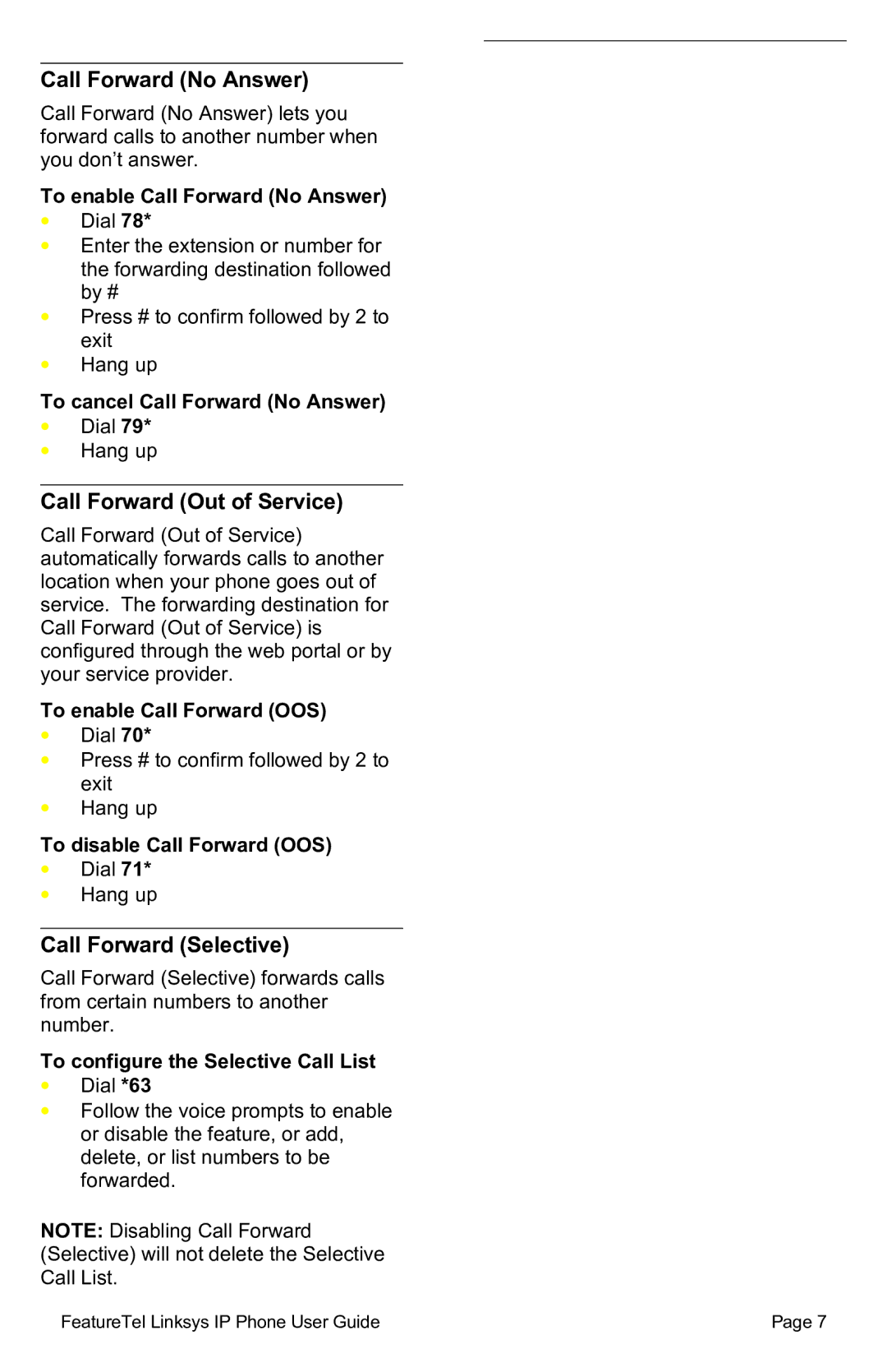 Linksys SPA941/SPA942 manual Call Forward No Answer, Call Forward Out of Service, Call Forward Selective 