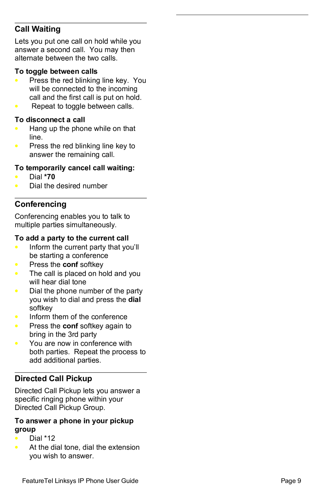 Linksys SPA941/SPA942 manual Call Waiting, Conferencing 