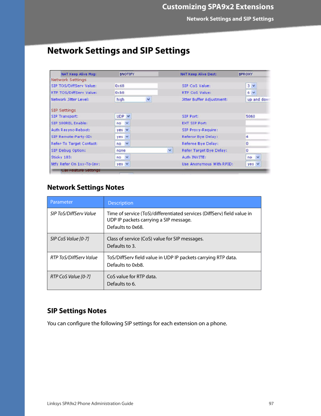 Linksys SPA962, SPA942, SPA932, SPA922 manual Network Settings and SIP Settings, Network Settings Notes, SIP Settings Notes 