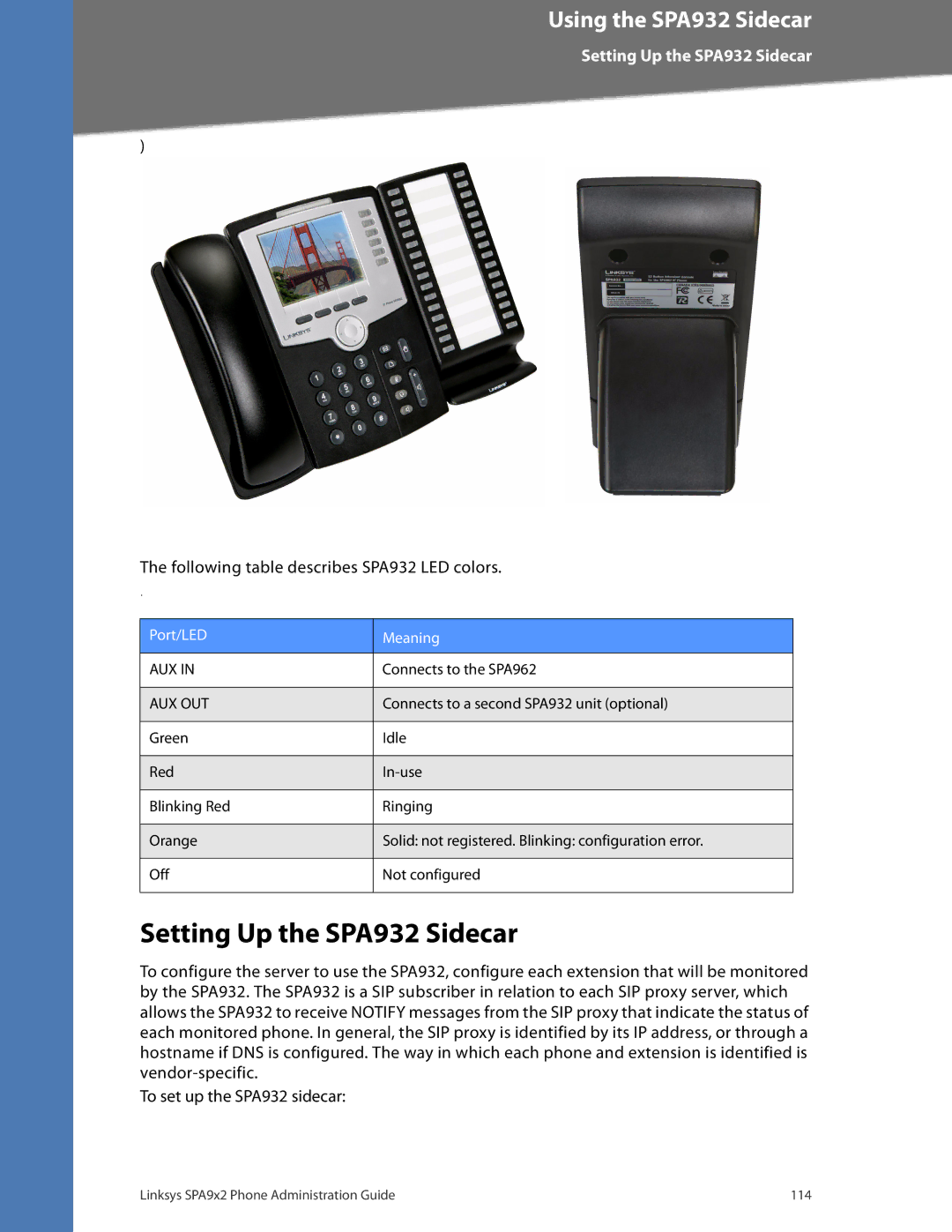 Linksys SPA942, SPA962, SPA922 manual Setting Up the SPA932 Sidecar, Following table describes SPA932 LED colors 