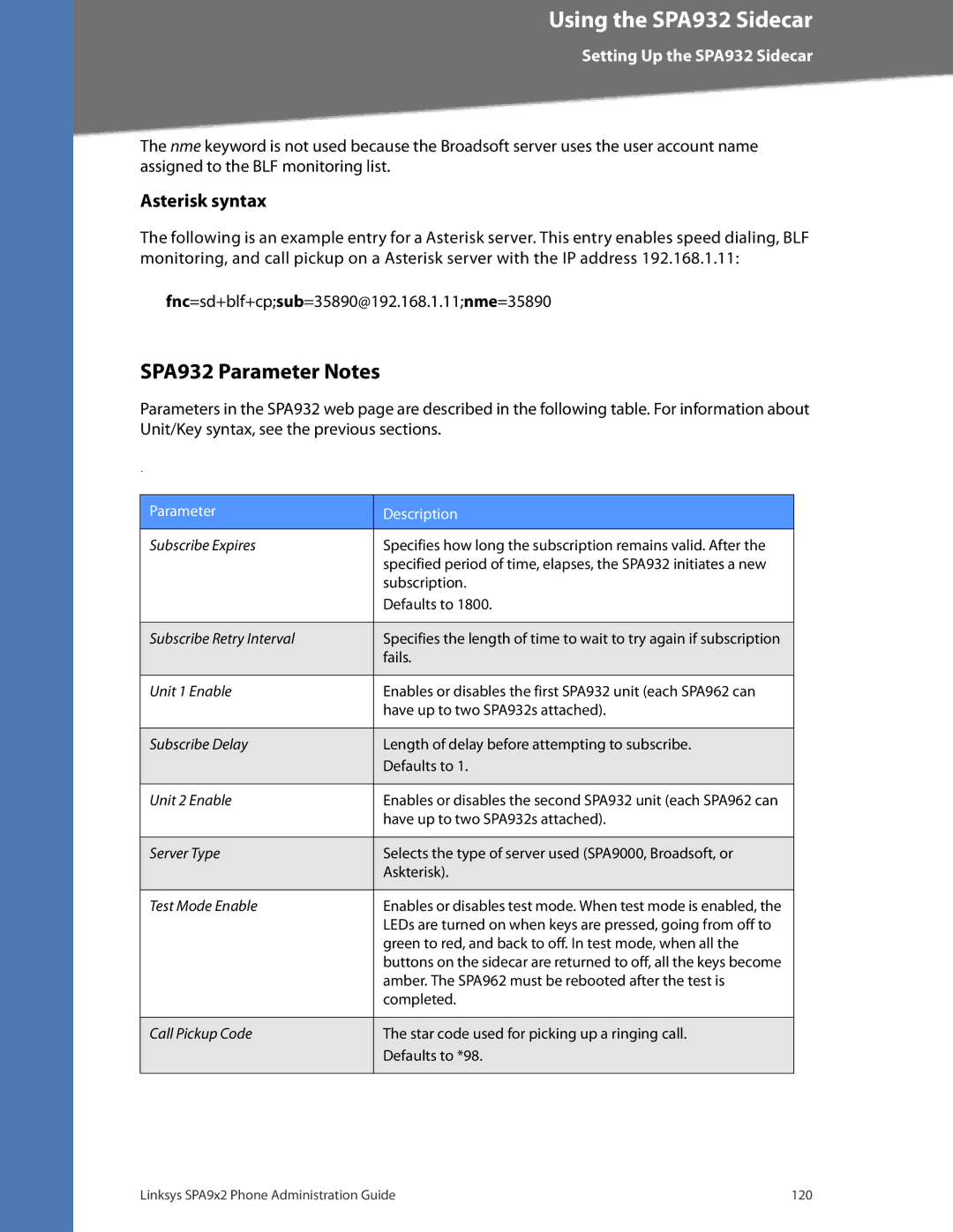 Linksys SPA922, SPA962, SPA942 manual SPA932 Parameter Notes, Asterisk syntax 