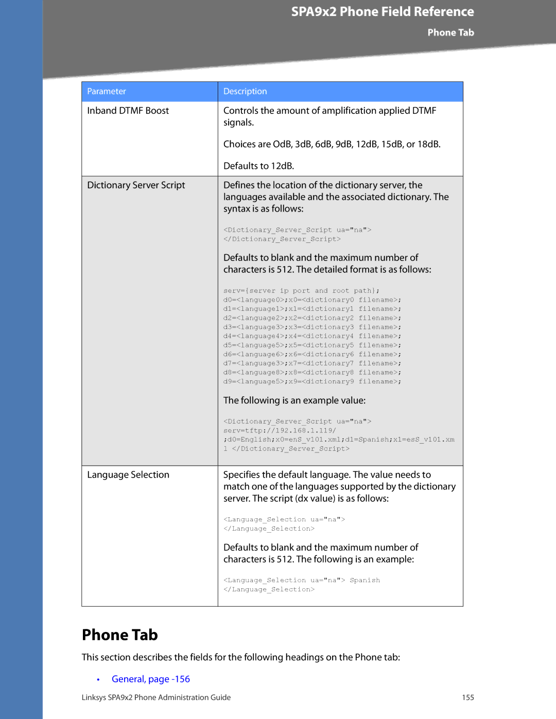 Linksys SPA932, SPA962, SPA942, SPA922 manual Phone Tab 