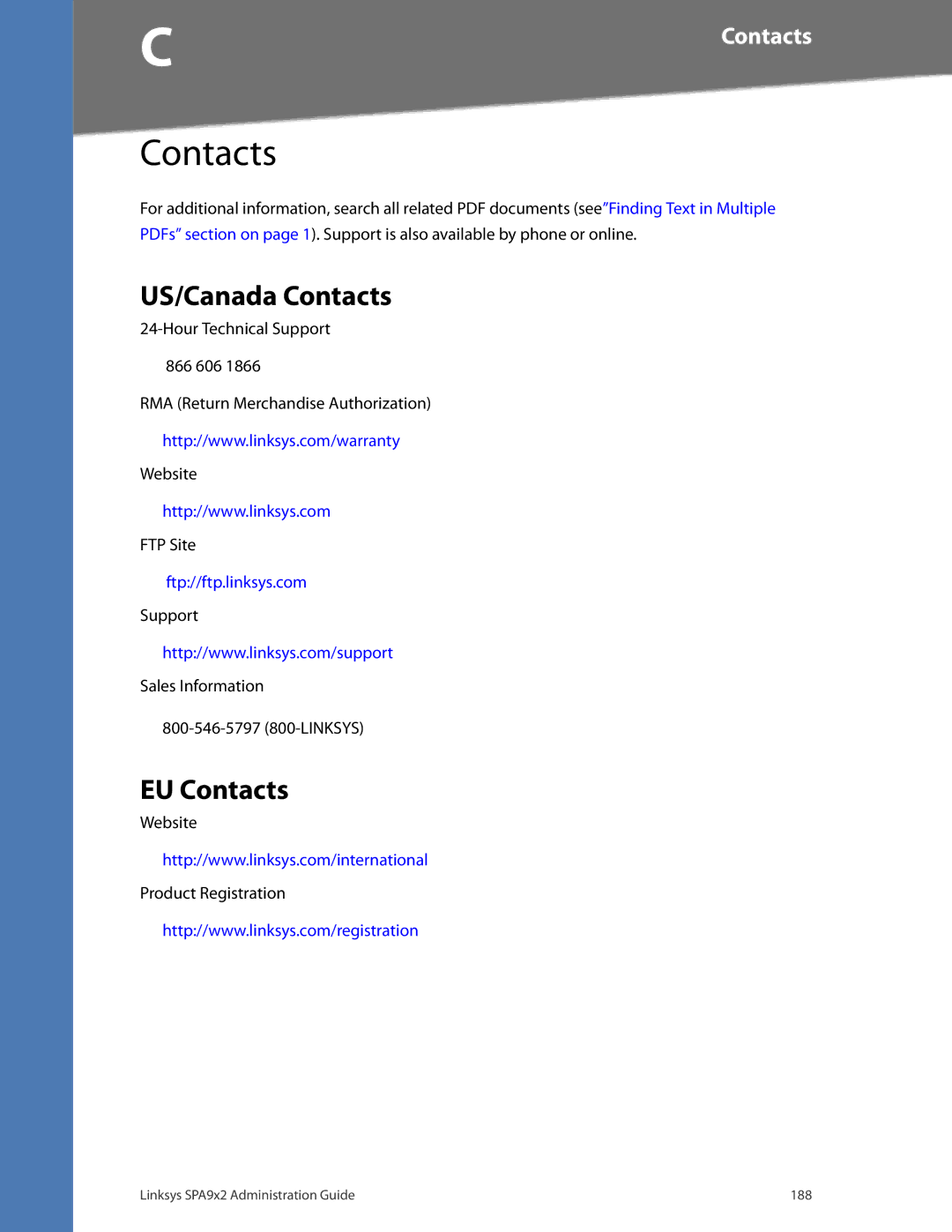 Linksys SPA922, SPA962, SPA942, SPA932 manual US/Canada Contacts, EU Contacts, Support, Website Product Registration 