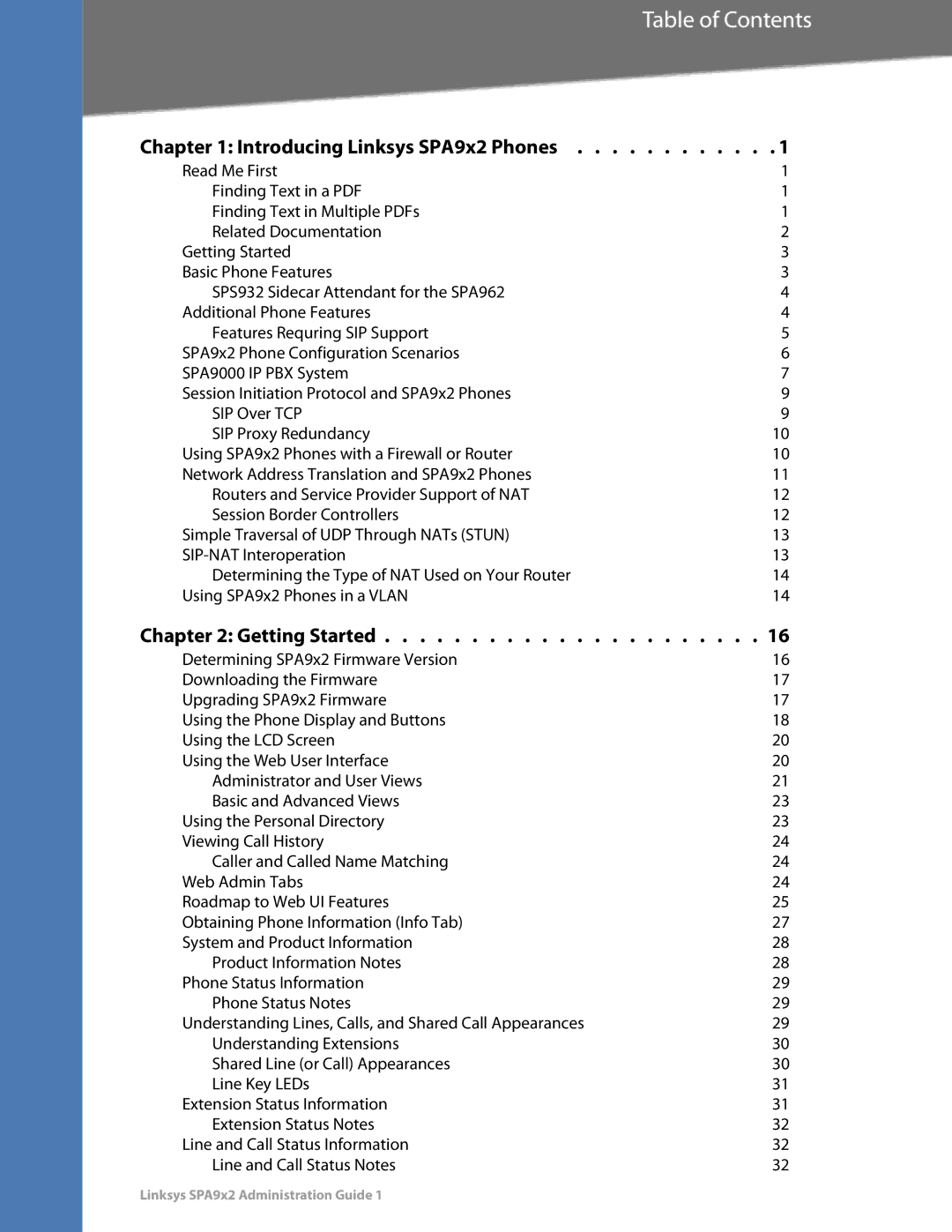 Linksys SPA932, SPA962, SPA942, SPA922 manual Table of Contents 