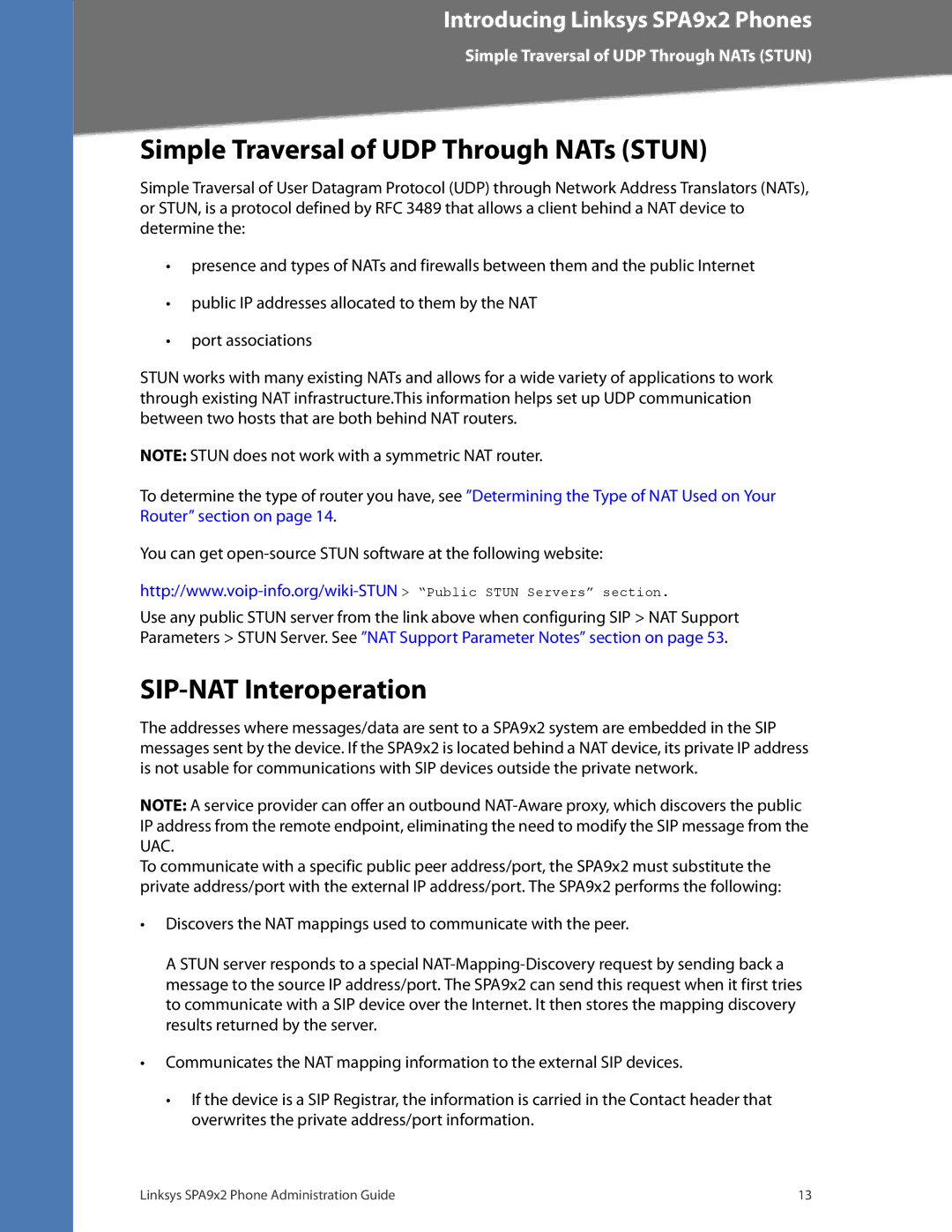 Linksys SPA962, SPA942, SPA932, SPA922 manual Simple Traversal of UDP Through NATs Stun, SIP-NAT Interoperation 