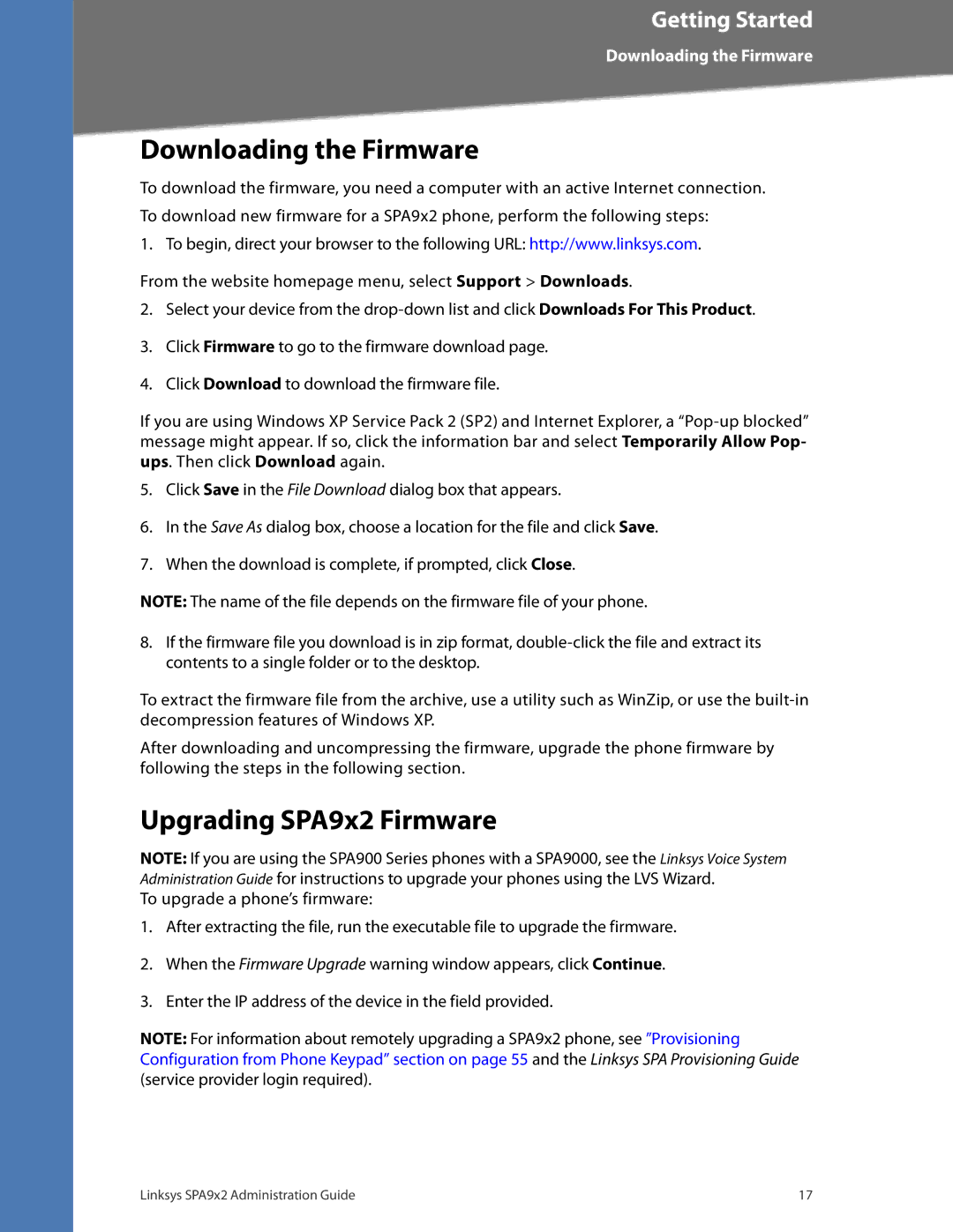 Linksys SPA962, SPA942, SPA932, SPA922 manual Downloading the Firmware, Upgrading SPA9x2 Firmware 