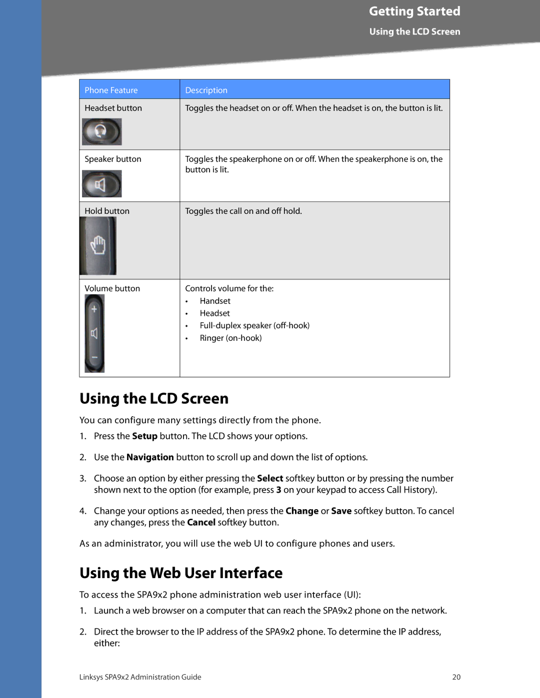 Linksys SPA922, SPA962, SPA942, SPA932 manual Using the LCD Screen, Using the Web User Interface 