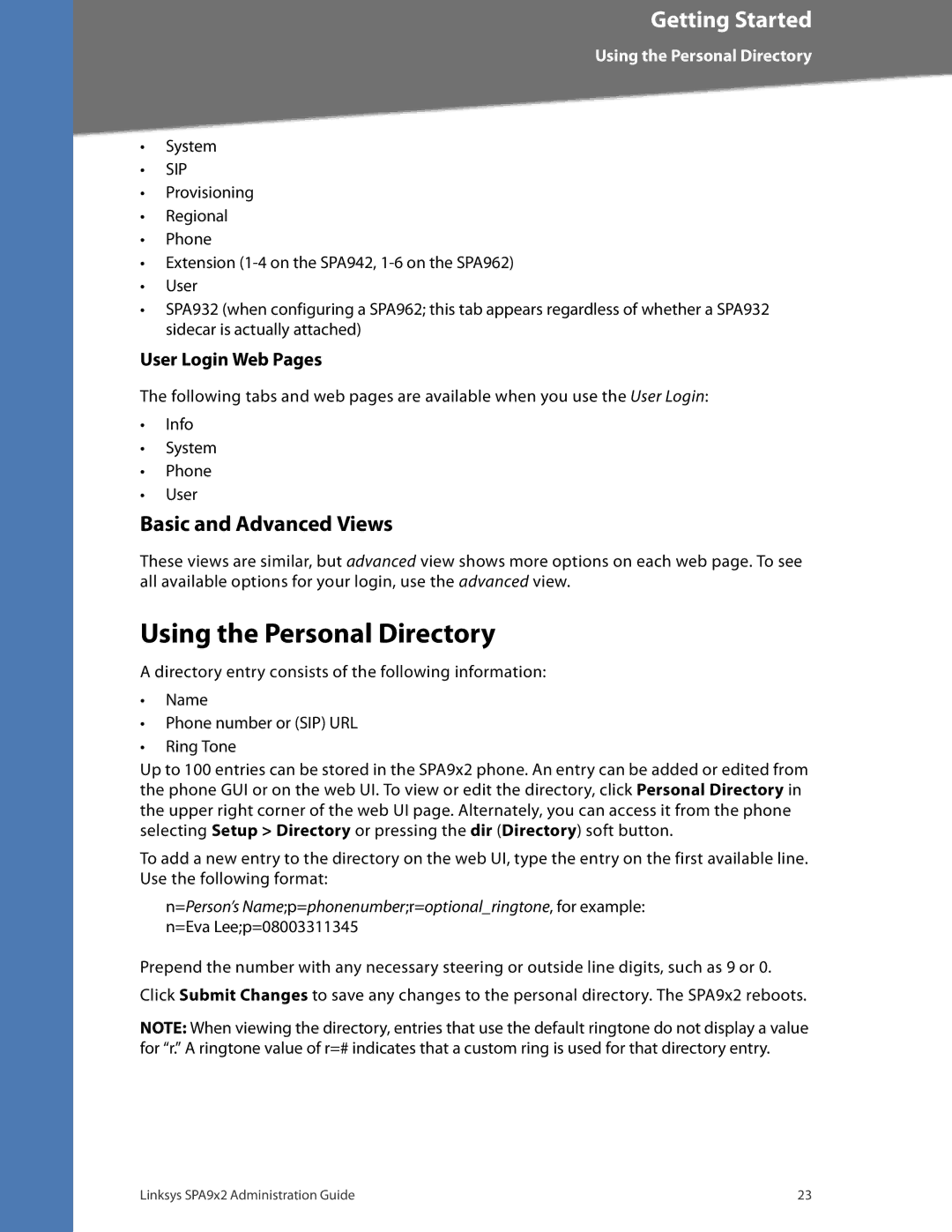 Linksys SPA932, SPA962, SPA942, SPA922 manual Using the Personal Directory, Basic and Advanced Views, System 