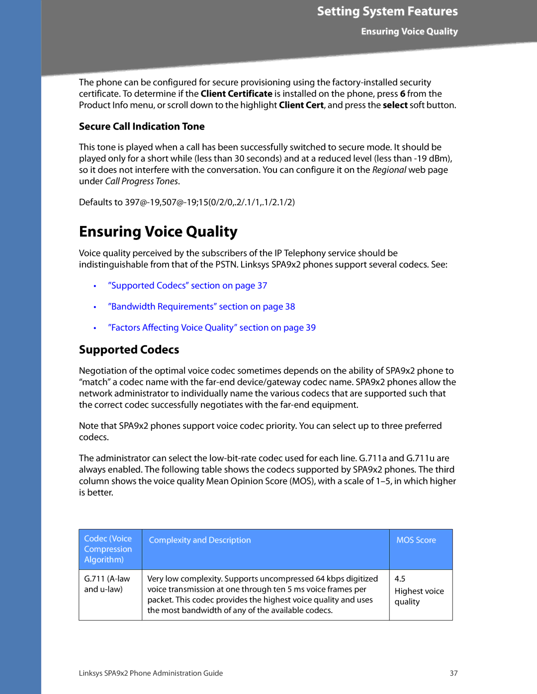 Linksys SPA962, SPA942, SPA932, SPA922 manual Ensuring Voice Quality, Supported Codecs 