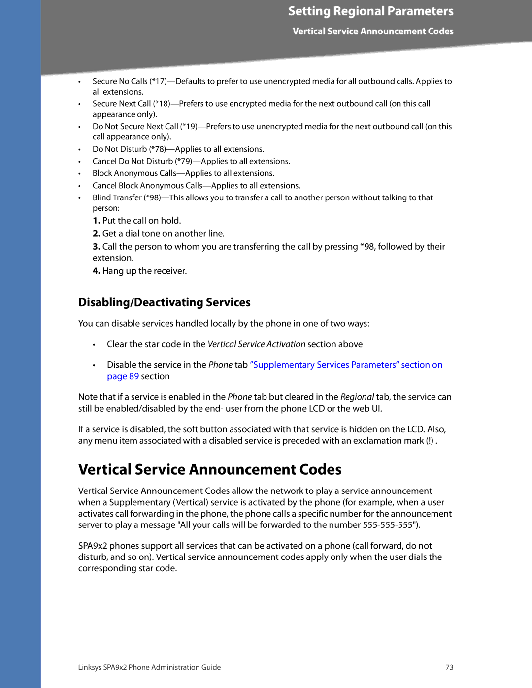 Linksys SPA962, SPA942, SPA932, SPA922 manual Vertical Service Announcement Codes, Disabling/Deactivating Services 