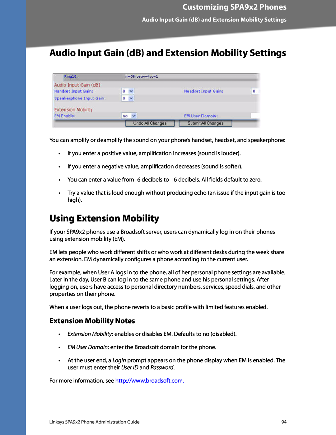 Linksys SPA942 Audio Input Gain dB and Extension Mobility Settings, Using Extension Mobility, Extension Mobility Notes 