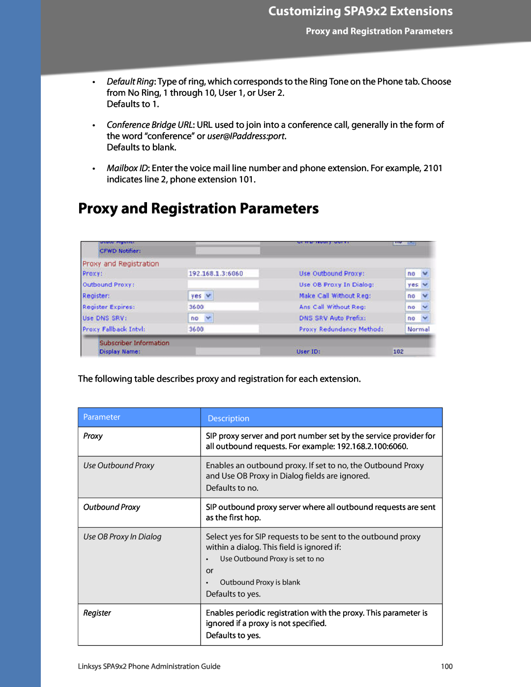 Linksys SPA922, SPA962, SPA942, SPA932 manual Proxy and Registration Parameters, Customizing SPA9x2 Extensions 