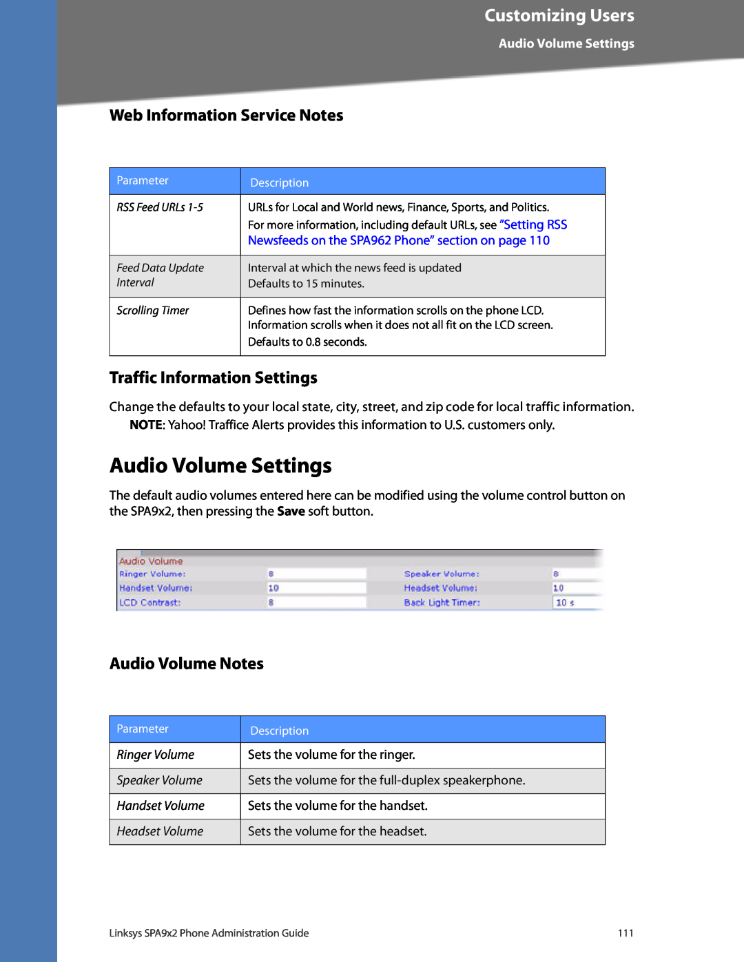 Linksys SPA932 Audio Volume Settings, Web Information Service Notes, Traffic Information Settings, Audio Volume Notes 