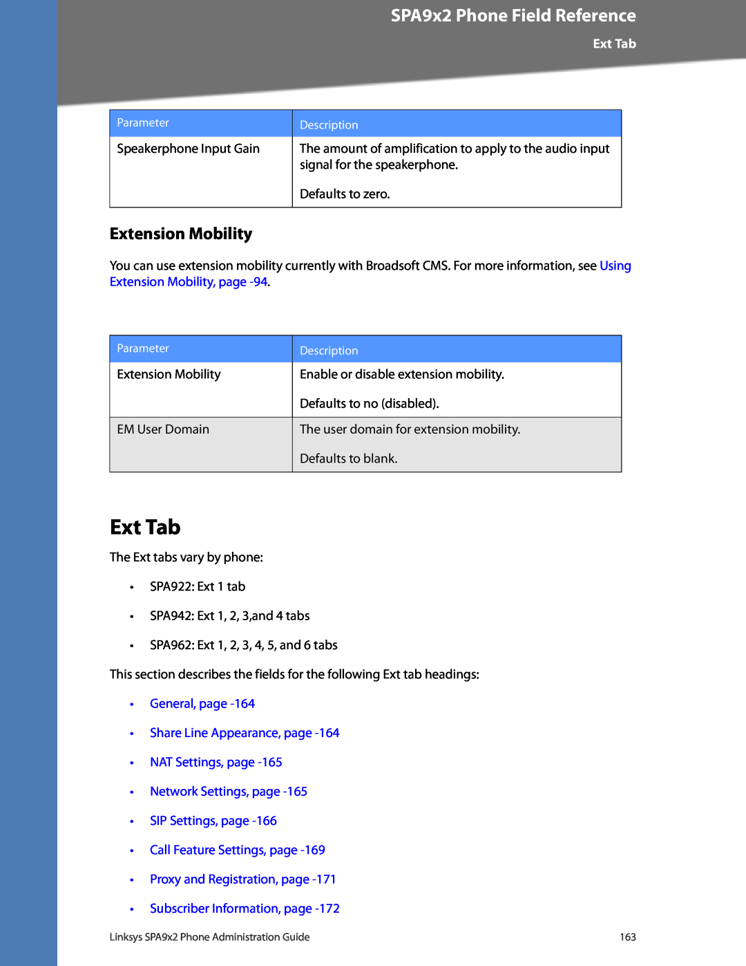 Linksys SPA932, SPA962, SPA942 Ext Tab, Extension Mobility, General, page Share Line Appearance, page NAT Settings, page 