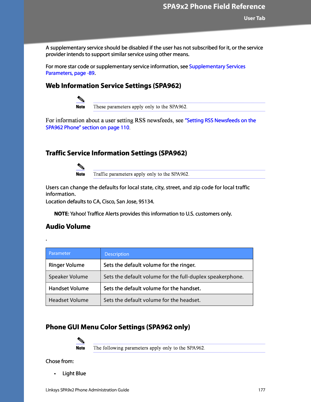 Linksys Web Information Service Settings SPA962, Traffic Service Information Settings SPA962, Audio Volume, User Tab 