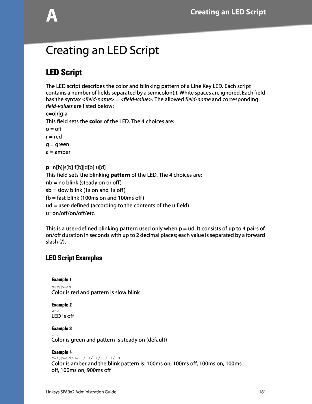 Linksys SPA962, SPA942, SPA932, SPA922 manual Creating an LED Script, LED Script Examples 