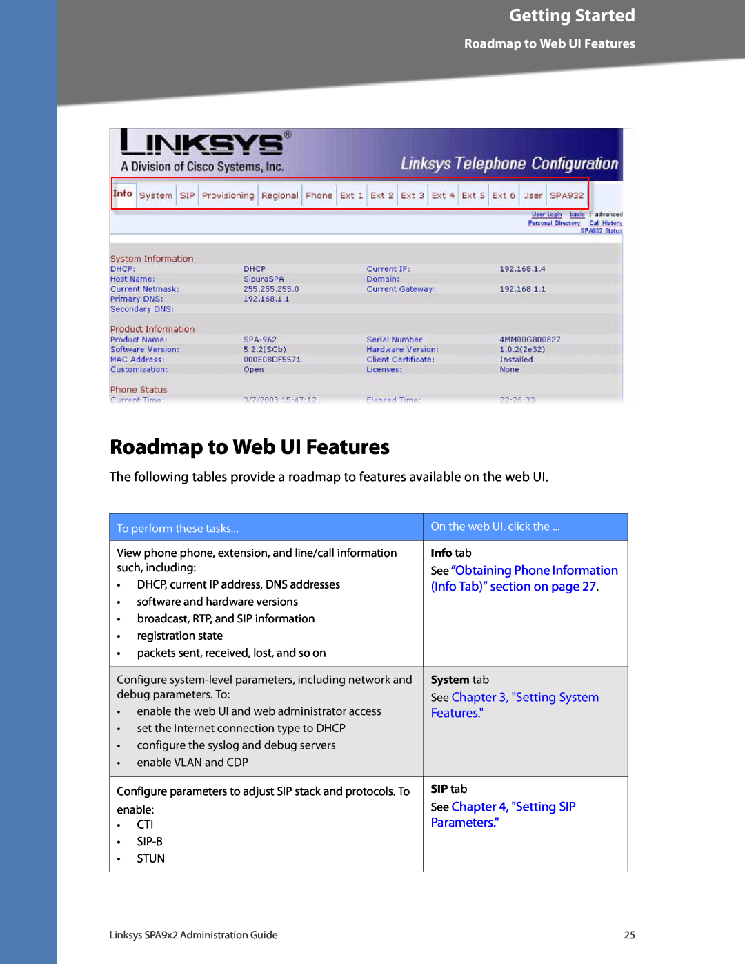 Linksys SPA962 Roadmap to Web UI Features, See ”Obtaining Phone Information, Info Tab” section on page, See , Setting SIP 