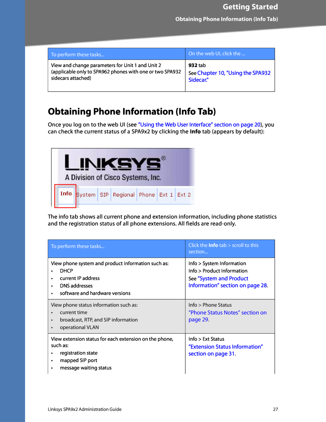 Linksys SPA932 Obtaining Phone Information Info Tab, Sidecar, See ”System and Product, Information” section on page, tab 