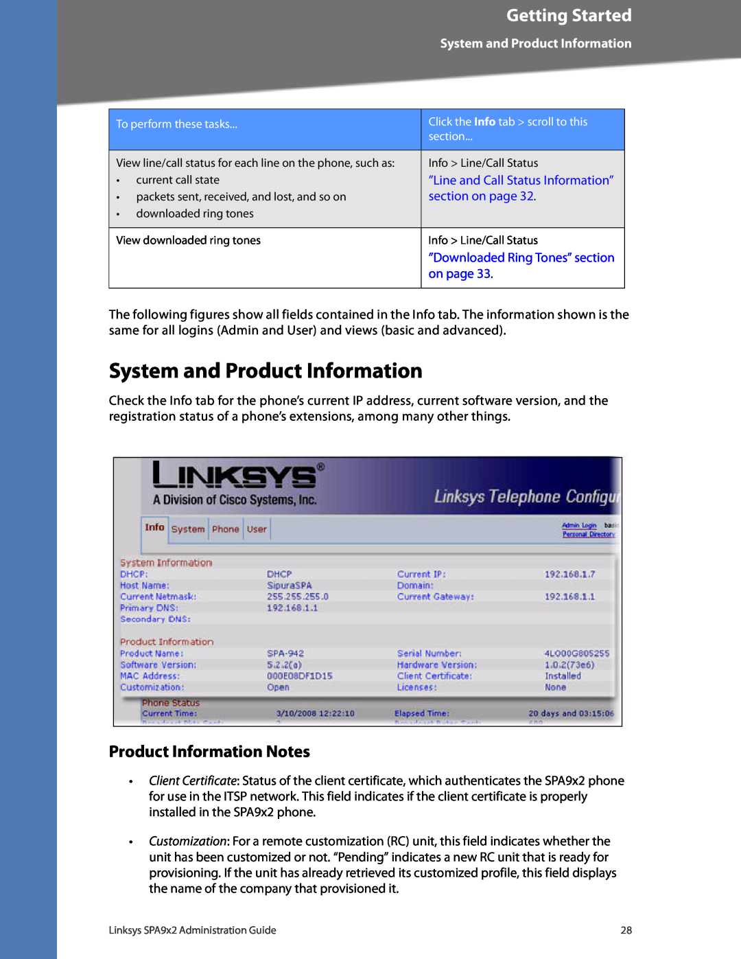 Linksys SPA922 System and Product Information, Product Information Notes, ”Line and Call Status Information”, on page 