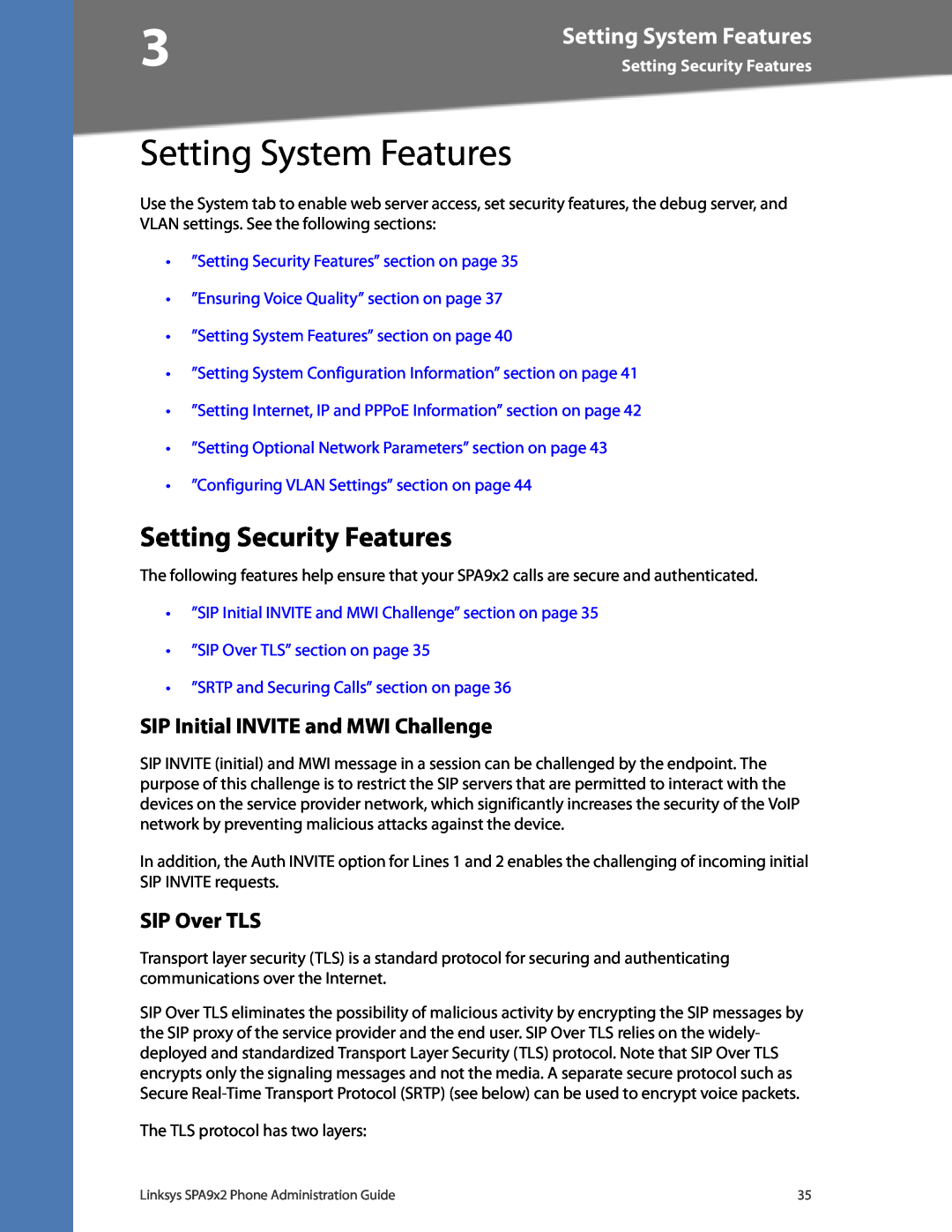 Linksys SPA932 Setting System Features, Setting Security Features, SIP Initial INVITE and MWI Challenge, SIP Over TLS 