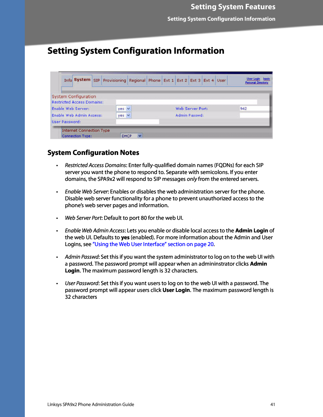 Linksys SPA962, SPA942 manual Setting System Configuration Information, System Configuration Notes, Setting System Features 
