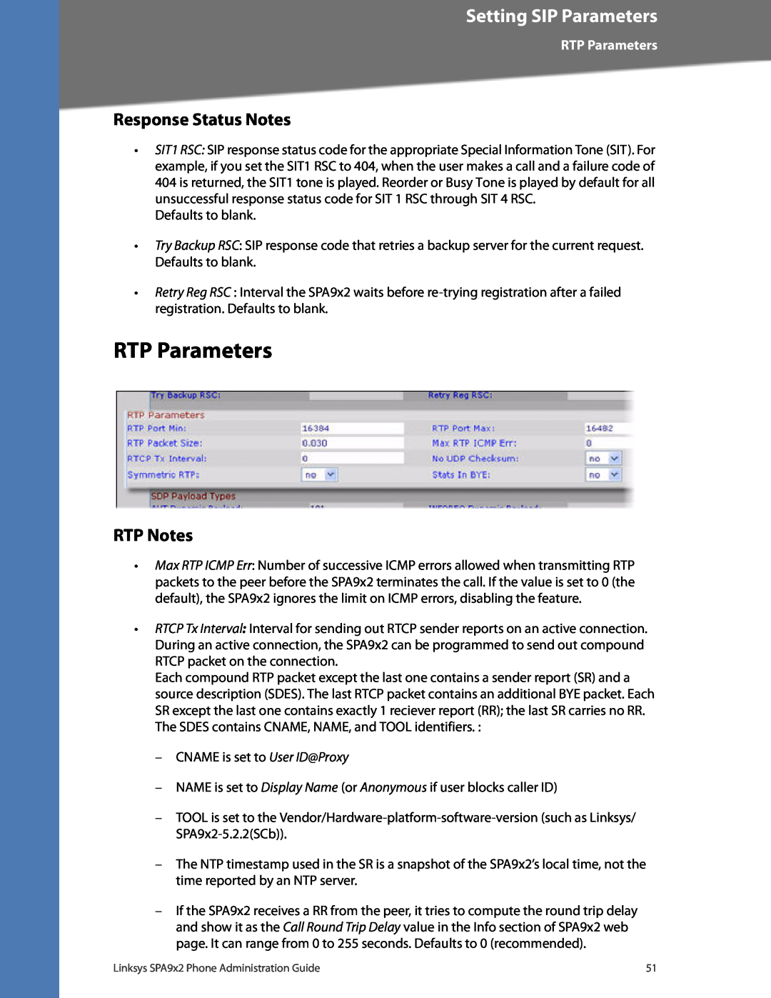 Linksys SPA932, SPA962, SPA942, SPA922 manual RTP Parameters, Response Status Notes, RTP Notes, Setting SIP Parameters 
